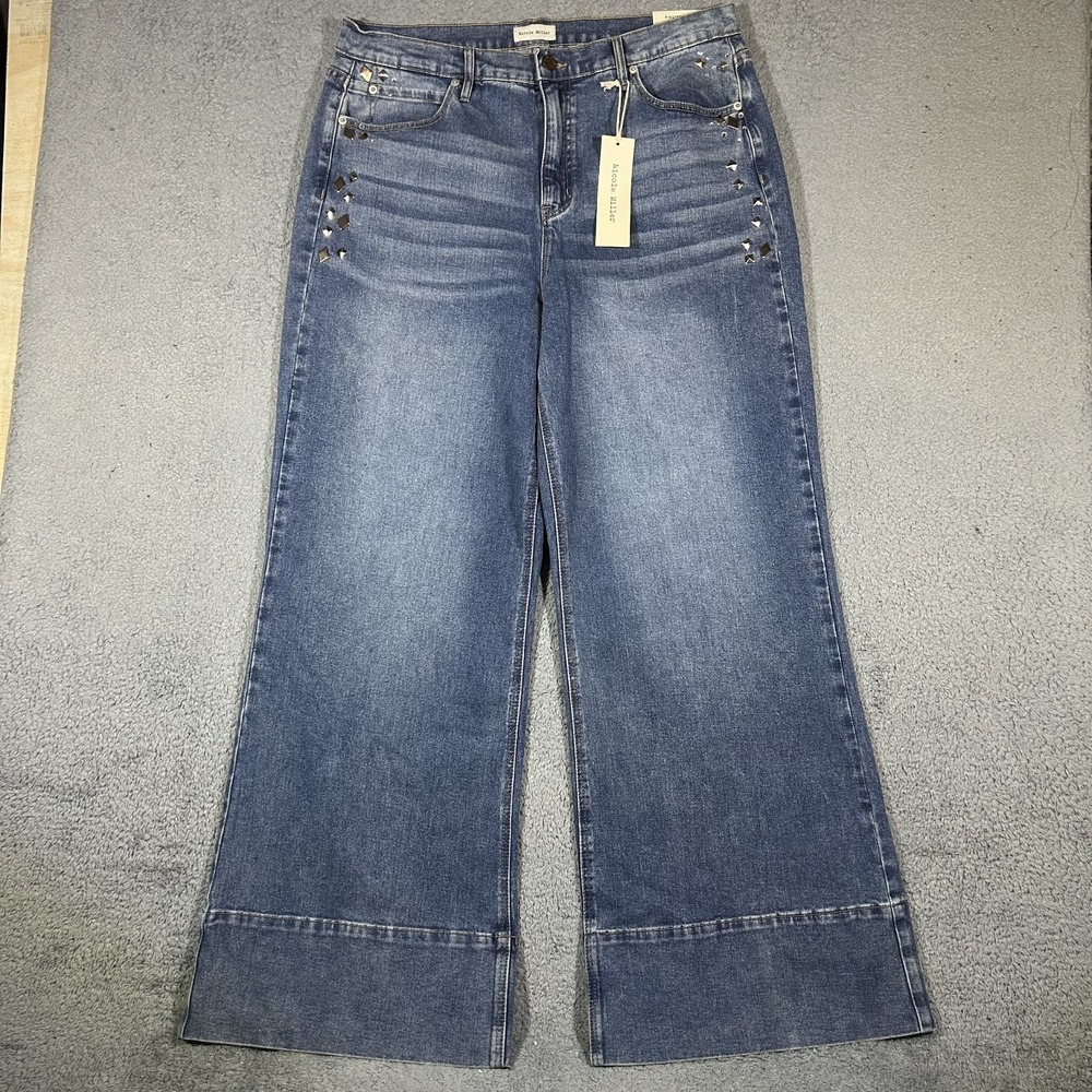 Nicole Miller Amsterdam Mid Rise Wide Leg Blue Jeans Womens 32 Studded #3889 - Picture 3 of 10